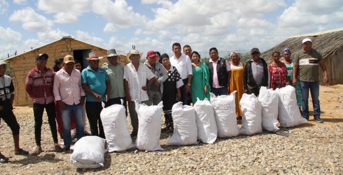 Aspecto de la entrega de los bultos de carbón vegetal donados por la Autoridad Ambiental de La Guajira, CorpoGuajira.